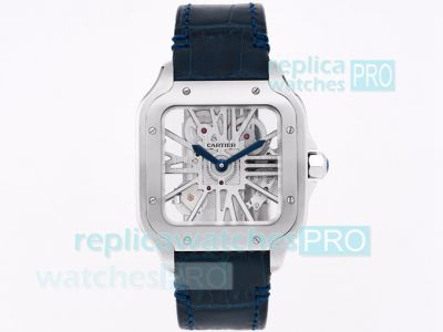 TW Factory Skeleton Santos De Cartier Replica Watch Stainless Steel Blue Leather